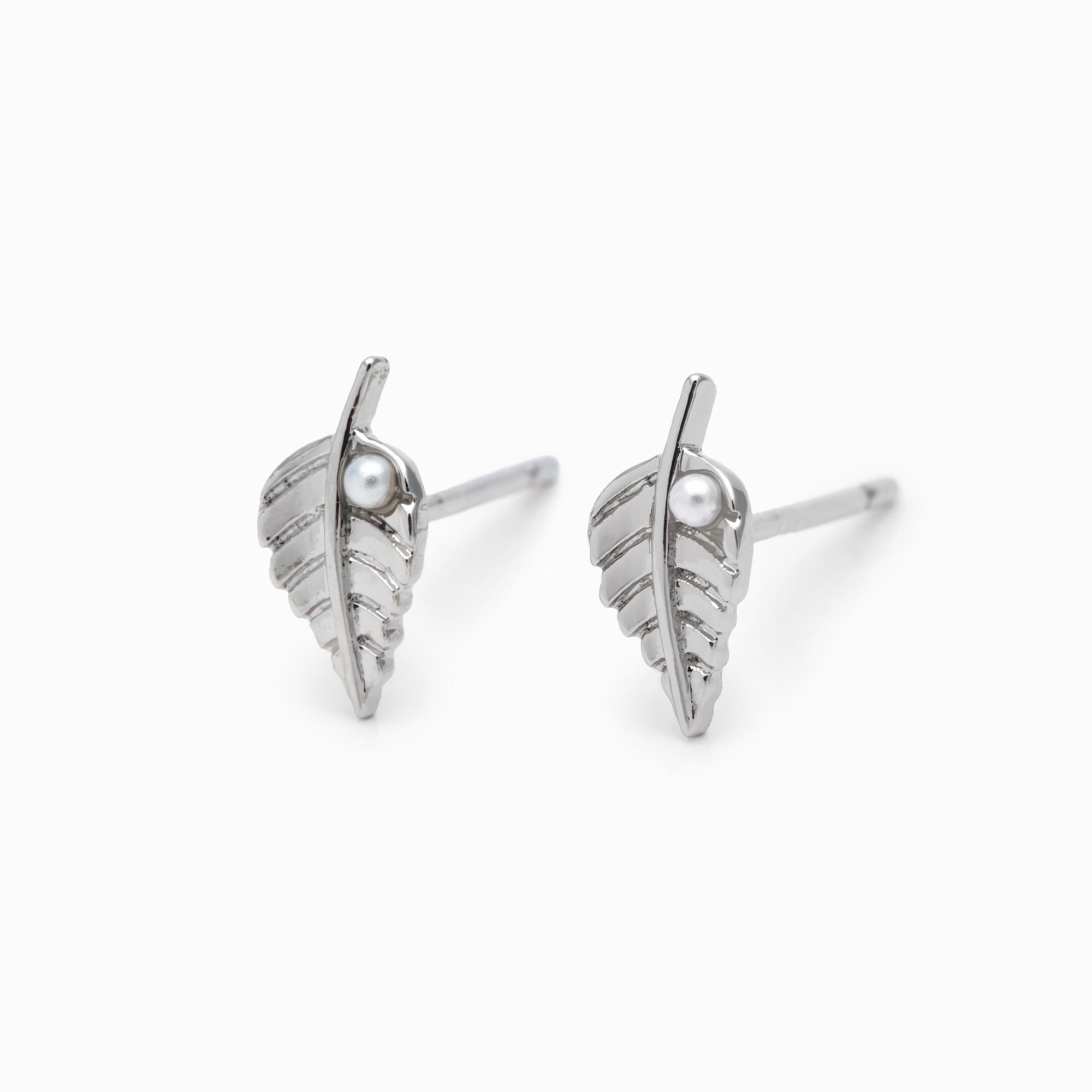 10pcs Faux Pearl Pave Gold/ Silver Leaf Earrings, 18K Real Gold/ Rhodium Plated Brass, Dainty Stud Earrings (GB-3381-H)